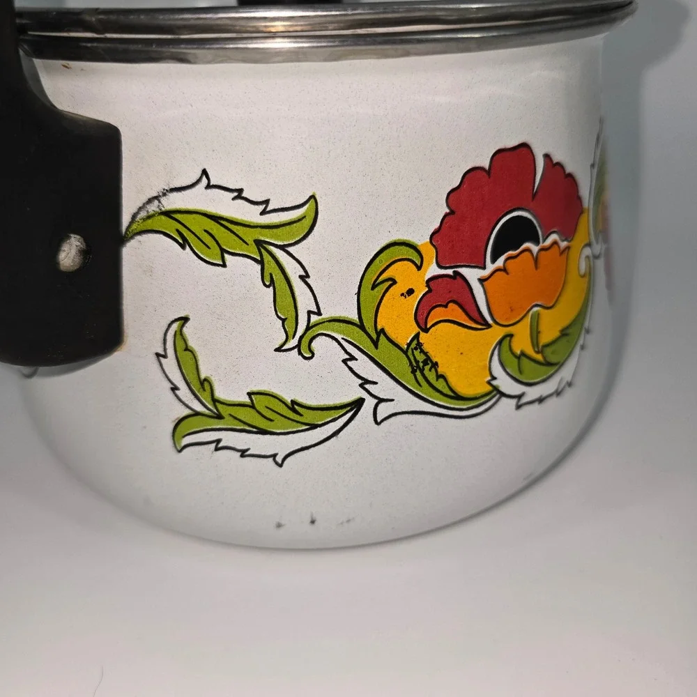 Vintage Cer-A-Met Enamel Tea Kettle Retro Floral Rare Pattern Mod Poppy